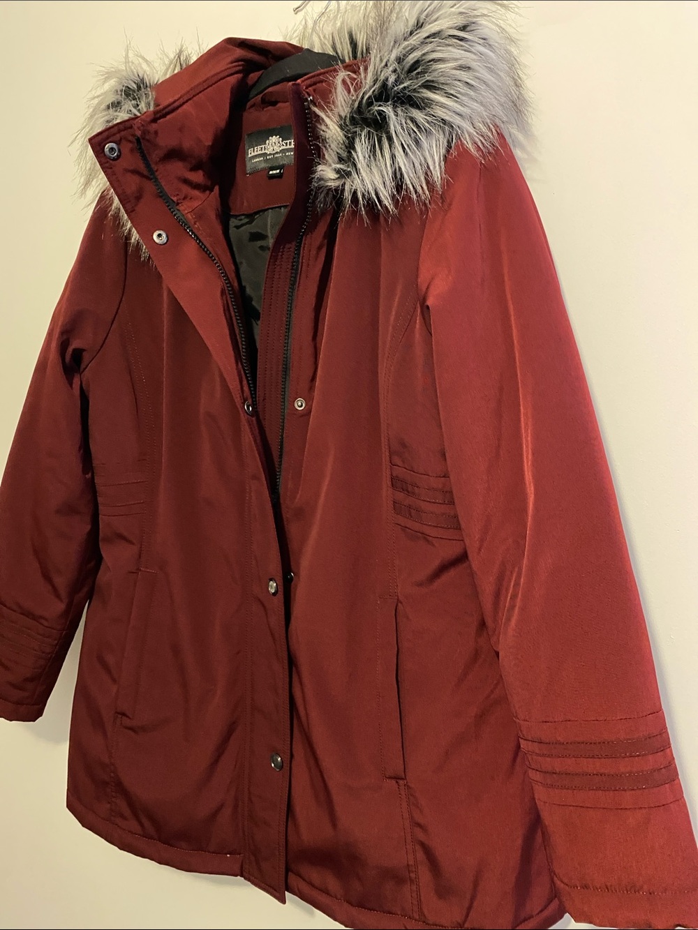 Fleet Street Burgundy Faux-Fur Trim Hooded Puffer Jacket